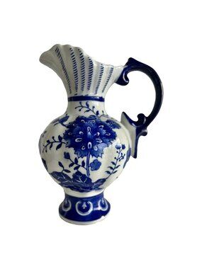 Chinoiserie Pitcher Blue White Scroll Ceramic Cobalt Jug Vase Floral Decor NICE